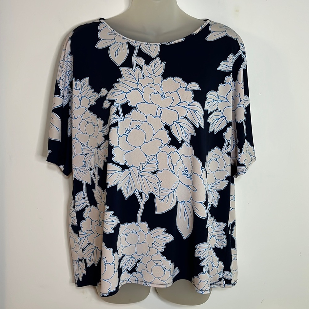 Roz & Ali XL Navy Blue & White Floral Knit Blouse Round Neck Short Sleeve Sz L